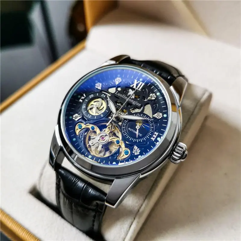 Đồng Hồ Cơ, Da Thật, Hoàn Thiện Tinh Khiết Tự Động, Cao Cấp, Phong Cách Đẹp Trai, Chức Năng Pha Mặt Trăng, Dạ Quang, Chống Thấm Nước, Thời Trang, Phong Cách Hàn Quốc Đơn Giản, Hợp Xu hướng, Rỗng Sang Trọng, Dành Cho Nam Giới