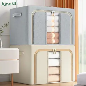 66L/110L Oxford Kotak Penyimpanan Lipat Storage Box Pakaian Serbaguna Mainan Box Tahan Lembab Box Storage Frame Baja Double Zipper Container Box