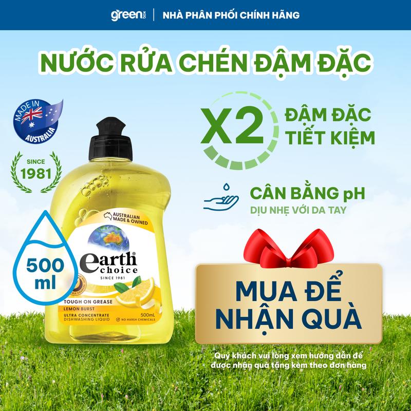 Nước rửa chén thuần chay đậm đặc hương táo đỏ chanh trà xanh kháng khuẩn rửa sạch vết dầu mỡ cặn bẩn dịu nhẹ cho da tay Earth Choice Úc chai 500ml 