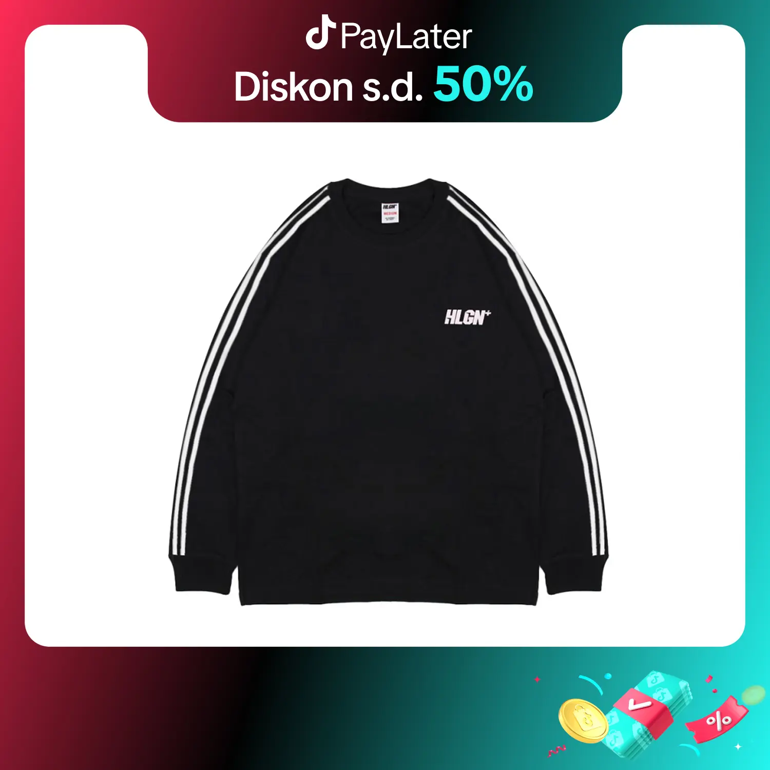 HOOLIGANS T-Shirt LS Linea 22.1 Black Baju Kaos  Hitam  Pria Combed Nyaman Sablon Harian Keren