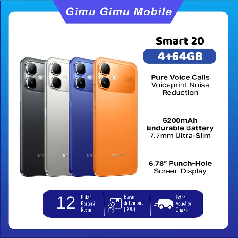 [New Launch]  Infinix Smart 20 4GB/64GB Smartphone 6.78" Display 5200mAh Battery 4G/3G/2G Network 8MP Camera Ultra-Slim 7.7mm