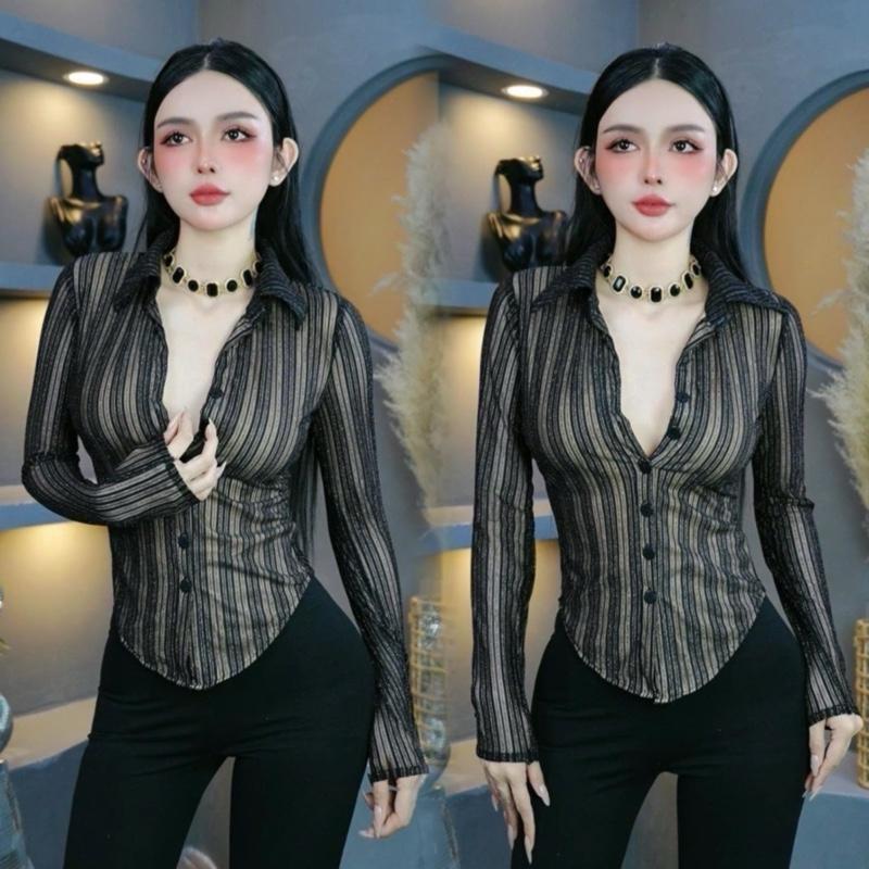 A533 Áo Sơ Mi Tay Dài Vải Thun Lưới Sọc Nhũ Kim Tuyến Thiết Kế Thời Trang Sang Trọng