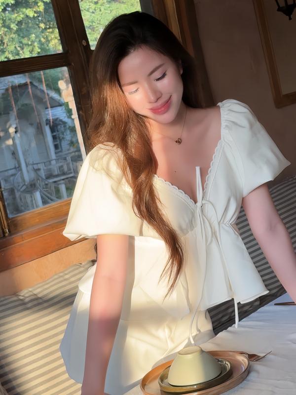 Áo baby doll áo kiểu nữ tay phồng SARA - 2 dày dặn phong cách tiểu thư công chúa nơ xinh sang trọng vải cotton Top Women - ENKA VIETNAM