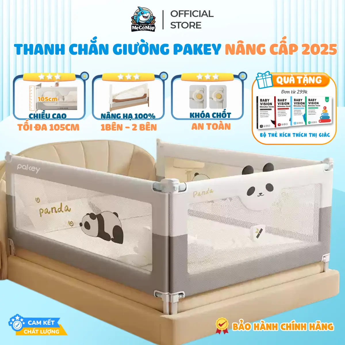 [MẪU MỚI 2025] Thanh Chắn Giường Pakey Bản Cải Tiến Nâng Hạ Dễ Dàng Chiều Cao Tối Đa 105cm, Khóa Chốt An Toàn - S1