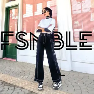 FASHIONABLE - Cargo Baggy Highwaist Jeans Wanita - Celana Jeans Panjang Unisex Loose Jeans Kancing Karet Boyfriend Variasi