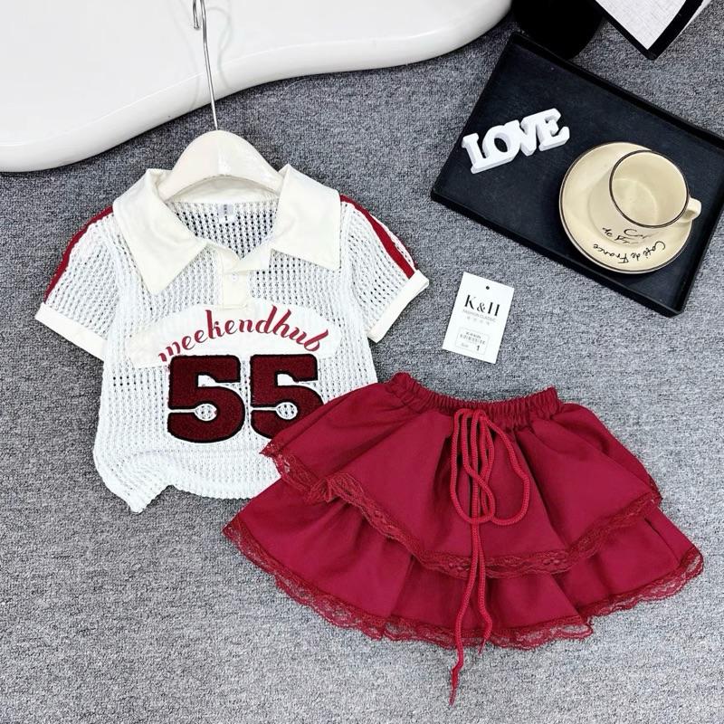 8-35Kg -Dung Kids 05 - Q55 Set Áo Lưới cổ Sơ Mi tay sọc viền chân váy Đỏ xếp tầng pha ren hot hit cho bé gái