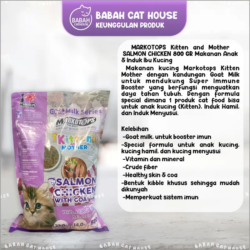 MARKOTOPS KITTEN AND MOTHER SALMON CHICKEN 800GR Makanan Kucing Cat Food Markotop Baby Murah With Milk Kering Dry Adult Induk Menyusui Kiten Dewasa Untuk Hairball Bulu Rontok & Hair And Skin 800 gr 1 Kg 1