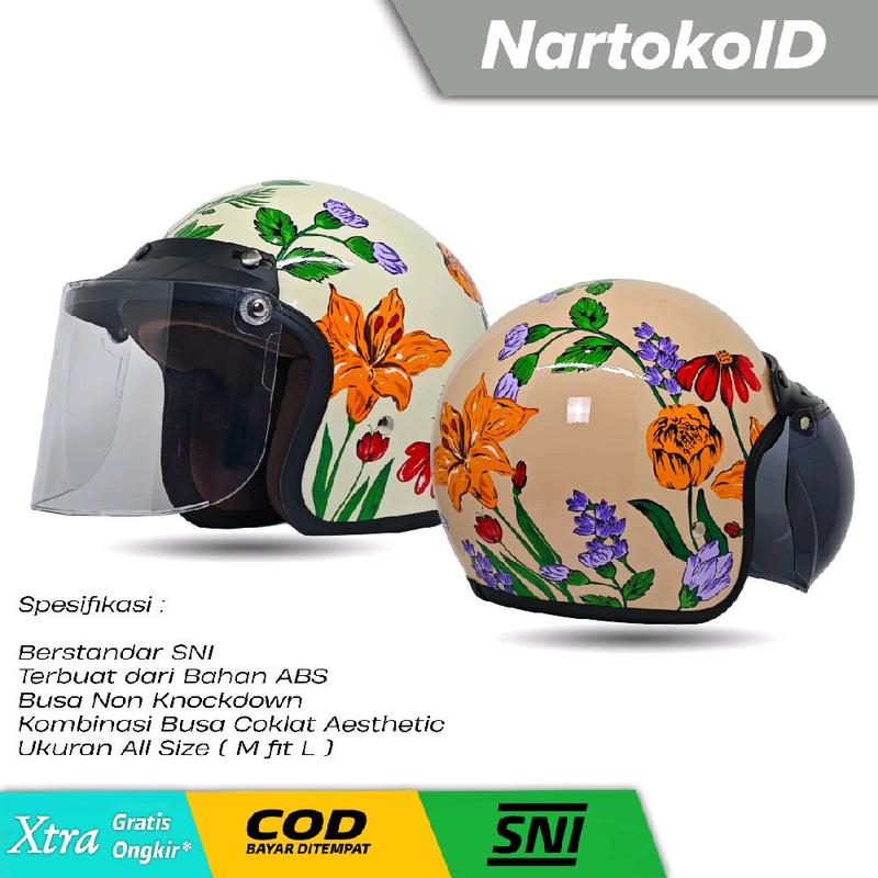 Helm Bogo Wanita Azalea Aesthetic Helm Bogo Motif Bunga Full Leher SNI Flat Visor 0