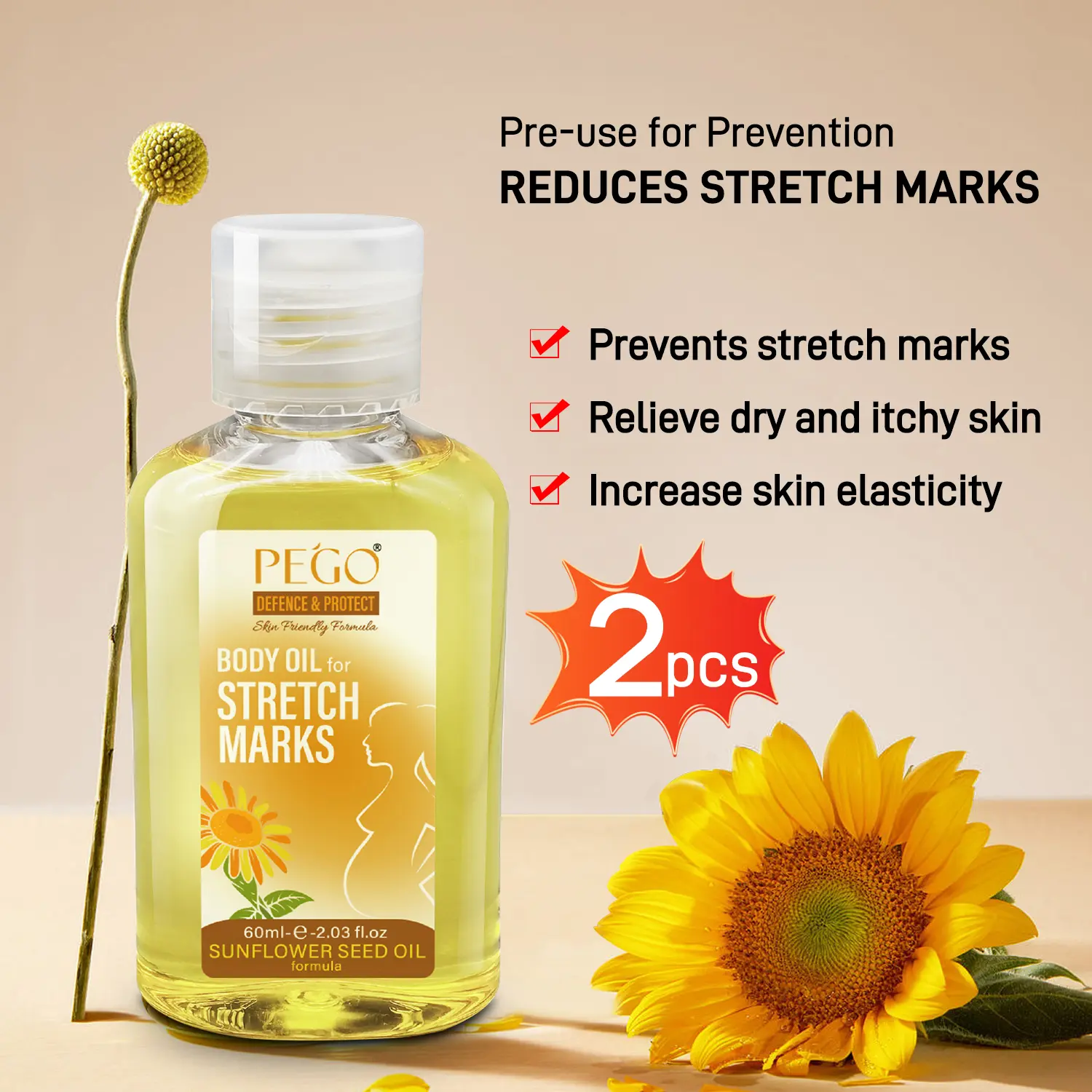 PEGO Body Oil for Stretch Mark, Prevents and Reduces Stretch Marks, Natural, Safe, Suitable for All Skin Types, 2.03 oz, Contains Sunflower Seed Oil, 2 pcs.