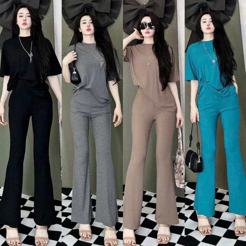  Đồ bộ nữ set đồ nữ quần ống loe có túi áo ngắn tay form rộng Thun gân tăm bộ đồ mặc nhà Women 