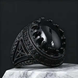 Cincin Pria Batu Permata Oval Buatan Hitam Antik Segitiga Viking Totem Pola Bunga Berongga Pola Bunga Hip-hop Punk Pesta Pernikahan Cincin Aksesori Pria