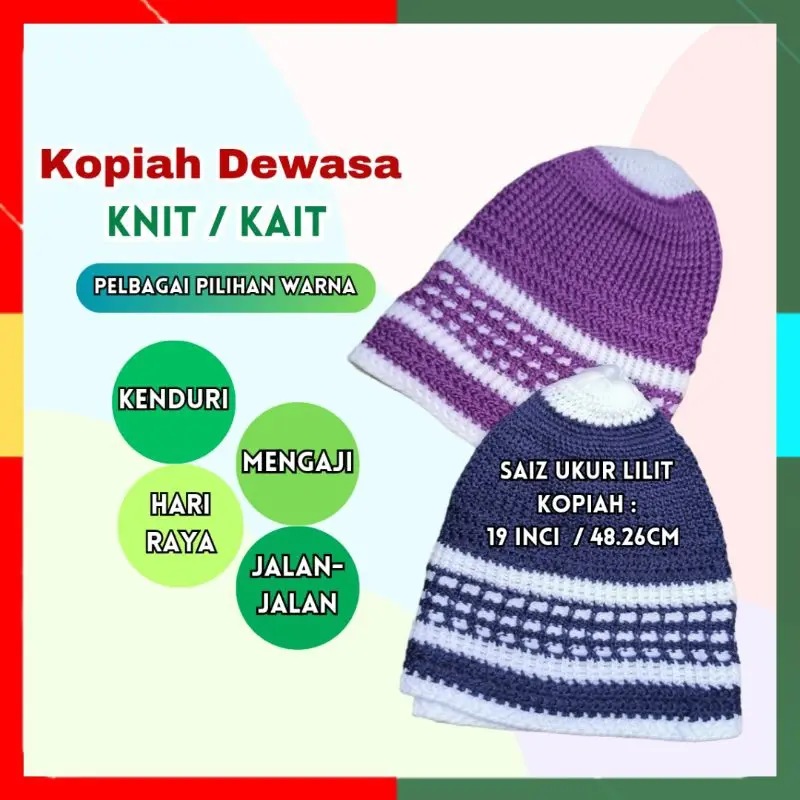 AbuSaif Kopiah Kait Dewasa / Kopiah Remaja / Kopiah Budak Lelaki / Peci Rajut 19 Inci Set A Murah Cantik Borong