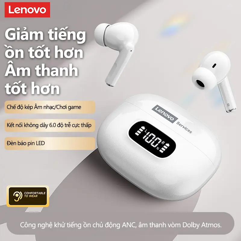 Lenovo Tai Nghe Bluetooth LE207 Phiên Bản 6.0 | AI Dịch 135 Ngôn Ngữ + Âm Thanh Dolby 360° | ANC Giảm Tiếng Ồn | Chế Độ Game Thấp Trễ | Màn Hình Pin LED | Thời Lượng Pin Dài 27 Giờ | BigBuy360 - bigbuy360.vn