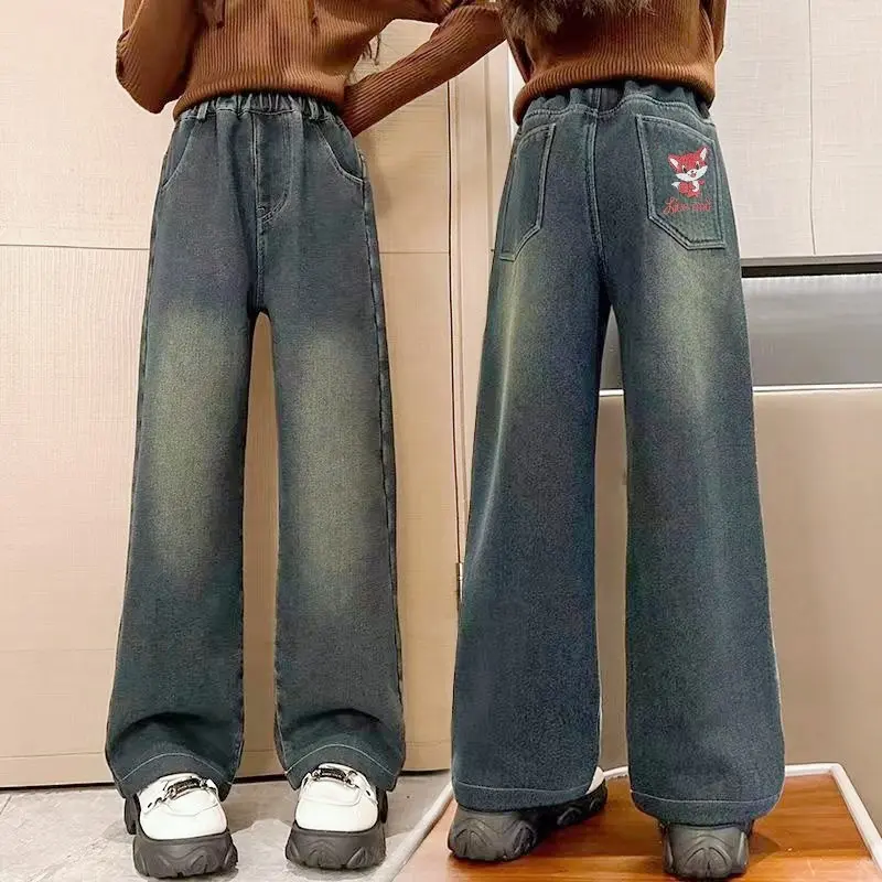 New Fashion Pants for Kids Girl Cute Embroided Design Jeans Denim Maong Pants for Kids Girl Korean Loose Casual Wide Leg Pants Childrens Clothing 7-16Yrs