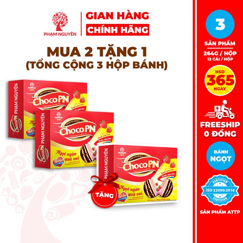   MUA 2 TẶNG 1  Tổng cộng 3 Hộp Bánh phủ Socola Choco PN Dâu 264g | Bánh ăn vặt Socola | Đồ ăn vặt | Snack | Chocolate | Food | Sô Cô La | Thức Ăn 