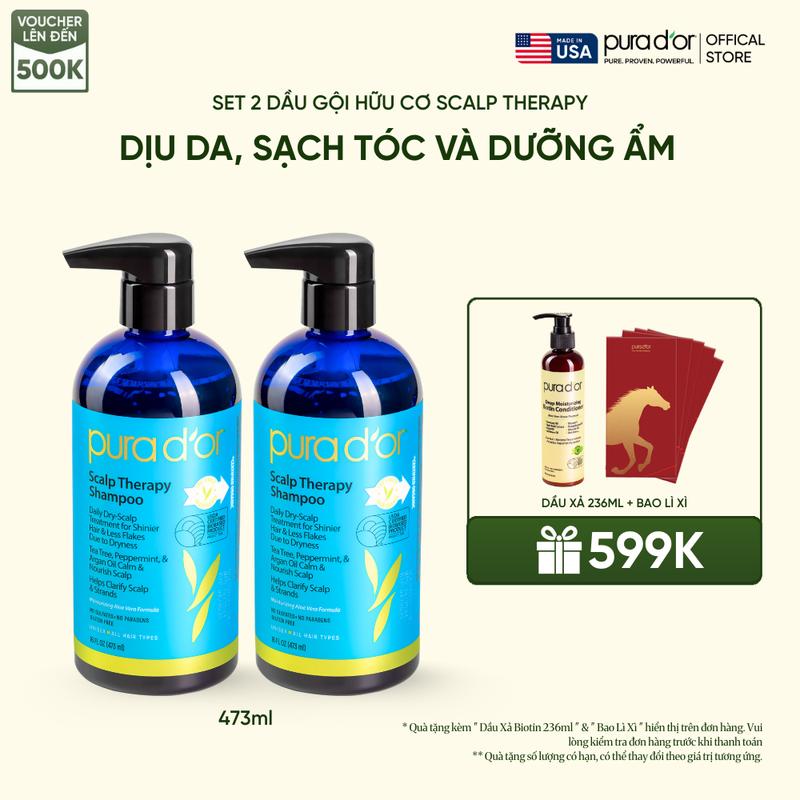  Bộ 2 Dầu Gội Hữu Cơ  Giảm Gàu Kiềm Dầu Pura Dor Scalp Therapy & Healing Argan Oil 473ML 