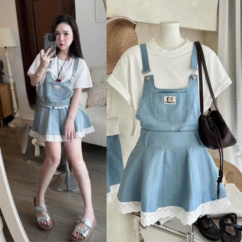 Set Váy Áo Thun Phối Yếm Jean Giấy Có Túi Ngực Mix Chân Váy Bò Giấy Mỏng  Xoè Cạp Chun Sau Phối Ren Có Bảo Hộ Phong Cách Trẻ Trung By TH