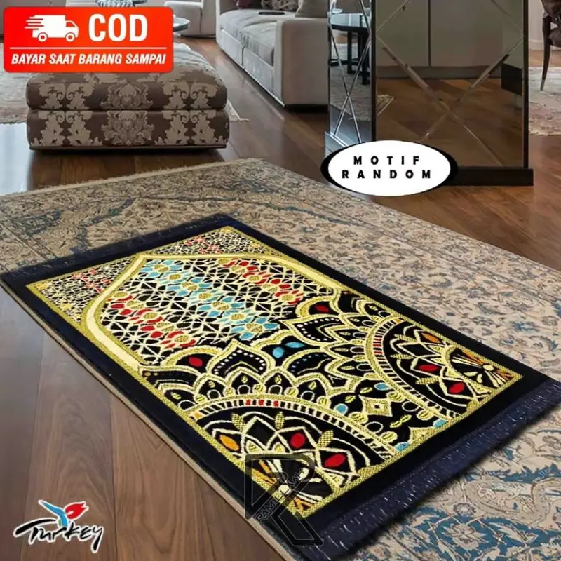 Sajadah Eklusif Motif Turki Premium Ukuran Besar 110x70cm Bahan Bulu Beludru Lembut Muslim Spigel Semi Karpet Anti Slip 8