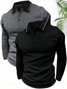 Set de 2 Pack de Camisas tipo Polo de Manga Larga para Hombre, Diseño a Rayas con Frente con Botones, Ropa Casual Ajustada para Primavera y Otoño, Deportes al Aire Libre y Negocios