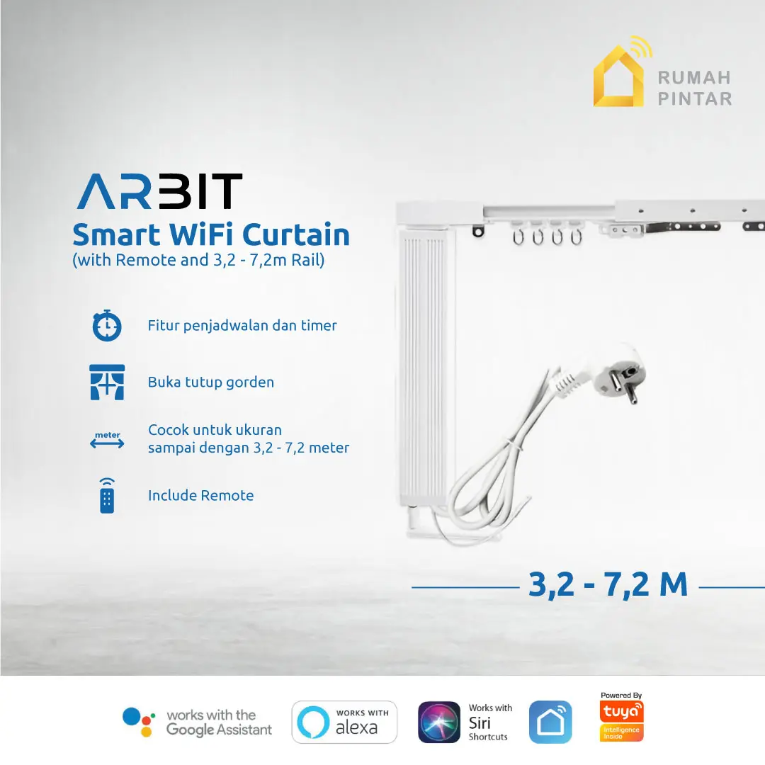 ARBIT WiFi Curtain Motor + Remote + Adjustable Rail 3 4 5 6 7 M Meter Rel Gorden Pintar Smart Home Tuya