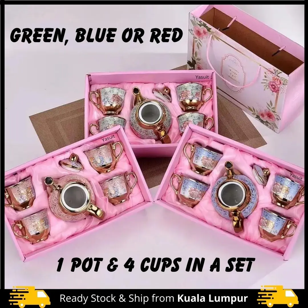 Tea Set Muslim Malay Coffee Teapot Cup Pengantin Baru Guru Teacher Print Floral Ceramic Tea pot Pot Giftset Gift Europe Set Ready Stock Malaysia Seller