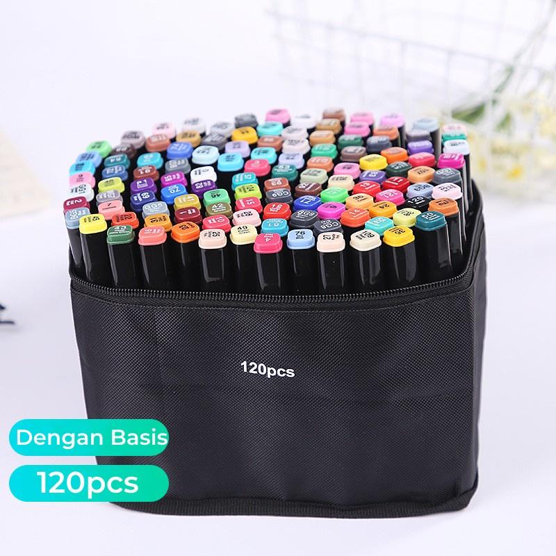 Spidol berbahan dasar minyak ujung ganda untuk lukisan anak-anak pena cat air 24-80 warna set pensil cat air lengkap 2 in 1 Markers Art Pen Plastik Stationery | Kekinian