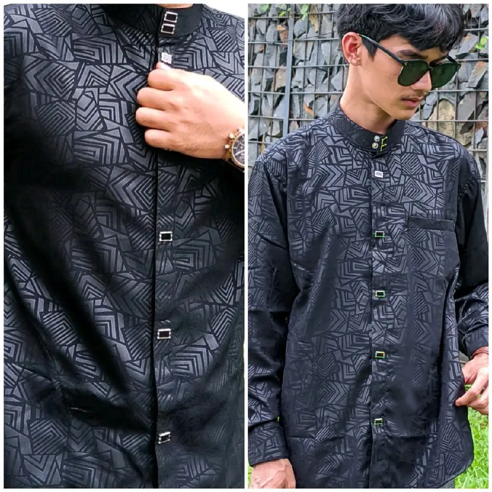 HM - koko  Atasan sultan kemeja Lengan panjang Kancing premium import muslim wear Dewasa Hitam Motif Embos Baju Seragam Simple Toyobo Katun Formal Casual Navy Slimfit bajukoko pria