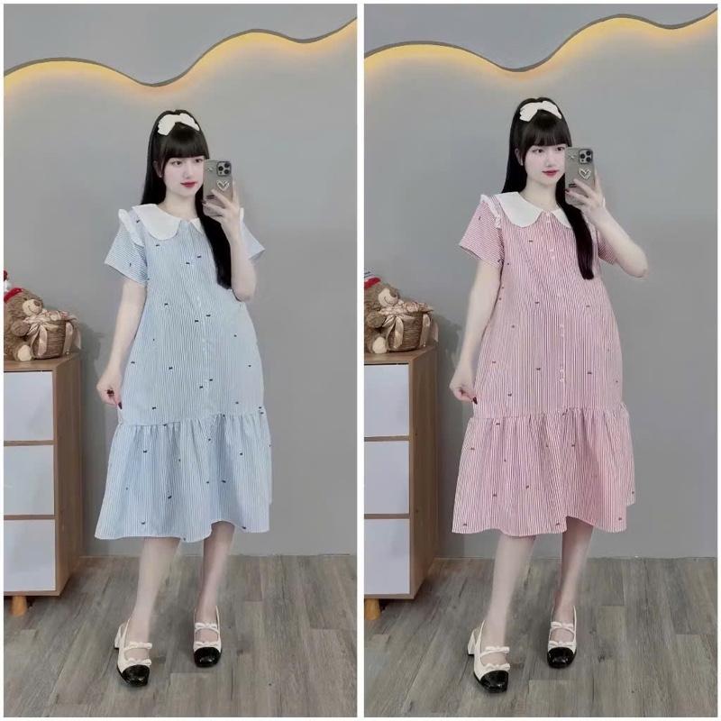 Đầm  bầu kẻ sọc hoa nhí kẻ sọc cổ trắng công sở TM62025