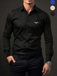 Camisa de manga larga antirrugas para hombre, estilo casual ajustado, tela tejida delgada, perfecta para uso diario y ocasiones especiales