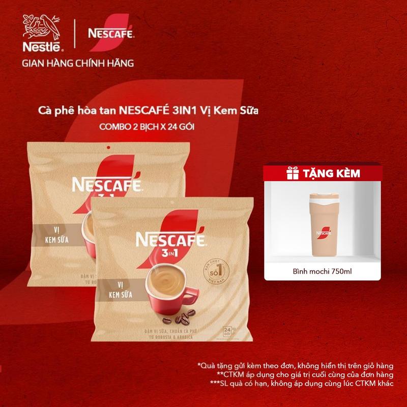 Nestlé VN Combo 2 Bịch Cà phê hòa tan/Cà phê gói NESCAFÉ MOCHI 3IN1 VỊ KEM SỮA Bịch 24 gói ĐẬM VỊ SỮA, CHUẨN CÀ PHÊ (Bịch 24 gói x 16g) -ST