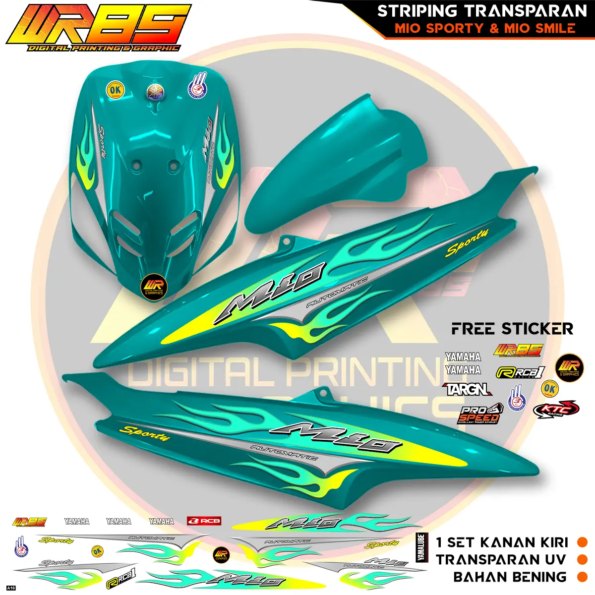 WR89 Striping Transparan Mio Sporty & Mio Smile Motip API Original Bahan Bening Premium Quality Code A Tinta UV Lem Kuat Awet 1-3 Tahun
