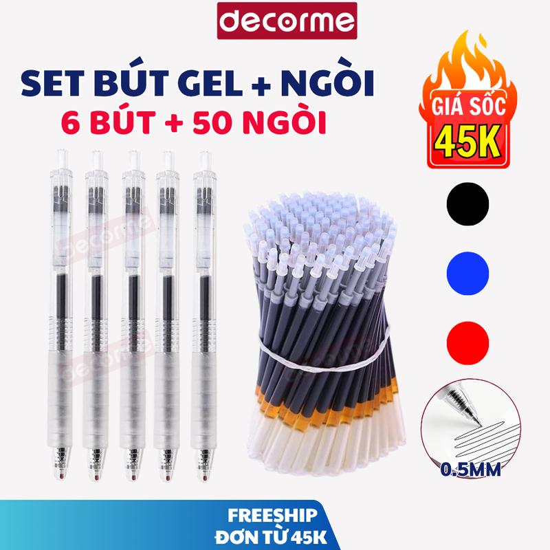 6 bút + 50 ngòi Bút Gel Basic DecorMe Bút Gel bấm Ngòi 0.5mm Mực Đen Xanh Đỏ viết êm trơn mực đều nét đẹp