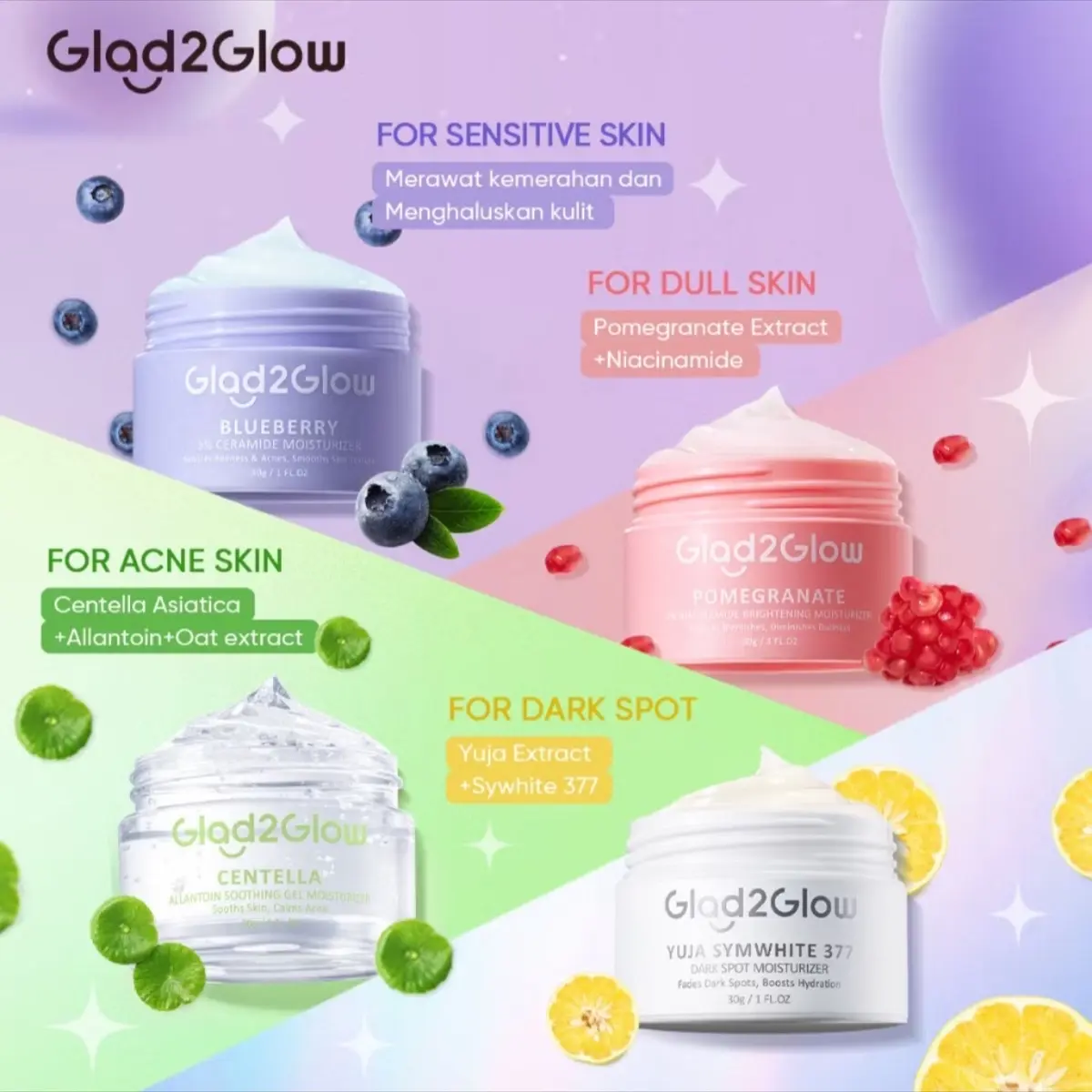 Glad2Glow Moisturizer 30 gr Series | Centella | Pomegranate | Blueberry | Peach | Acne