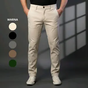 Celana Chino panjang Pria Casual Formal Slimfit Bahan Adem Nyaman Katun Twill Combed Stretch/Melar Elastis Katun Polos Santai Hitam Mocca Grey Cream