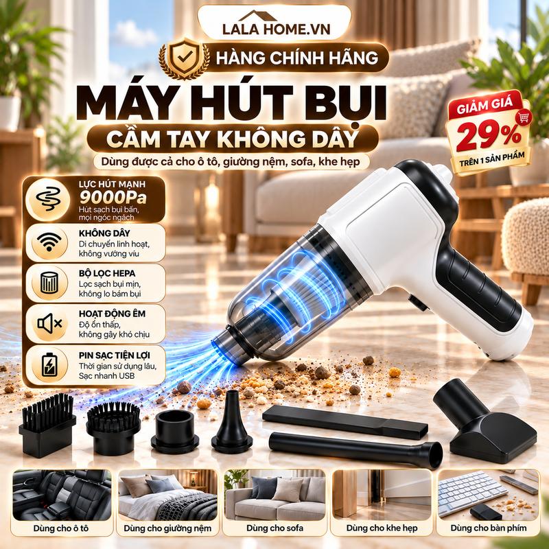 Máy Hút Bụi Cầm Tay TAMASHIO Không Dây 9000Pa – Hút Bụi Ô Tô, Sofa, Giường Nệm, Khe Hẹp, Sạc USB
