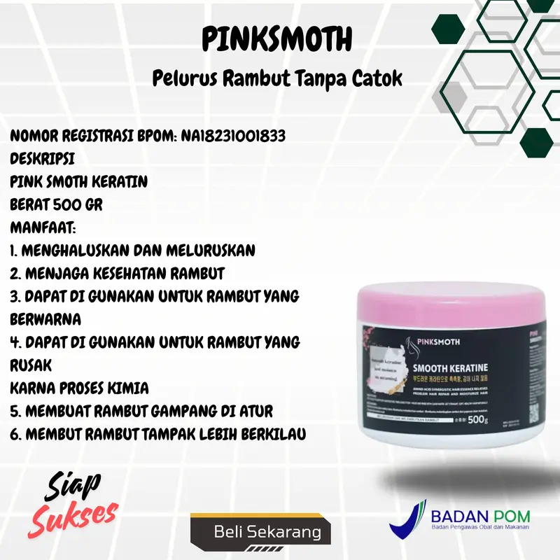 Obat Pelurus Rambut Smooting Pink Smooth Karatin Perawatan Rambut 500 gr Halus Lembut Mudah Diatur BPOM 3