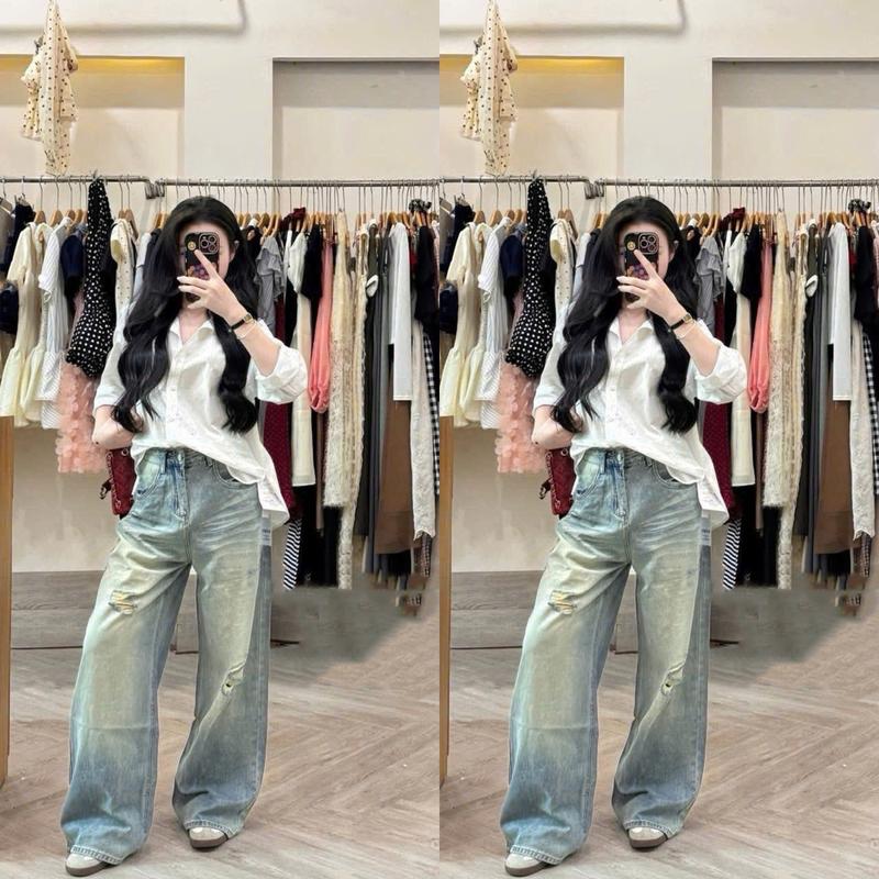 New Quần bò jean dài ống rộng phối họa tiết rách tôn dáng trẻ trung Hot Trend sang chảnh Đi chơi duyên dáng - Dành Cho Nữ + WOMEN TOP
