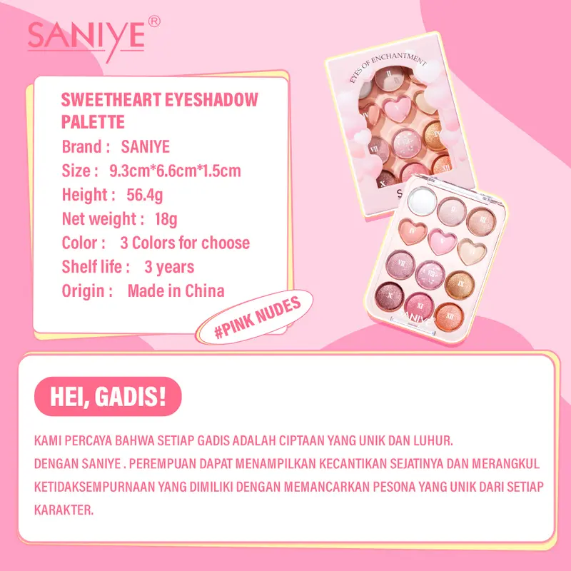 SANIYE [BPOM] 12 Warna Sweetheart Eyeshadow Palette High Pigmented Eyeshadow Tahan Lama E1271 7