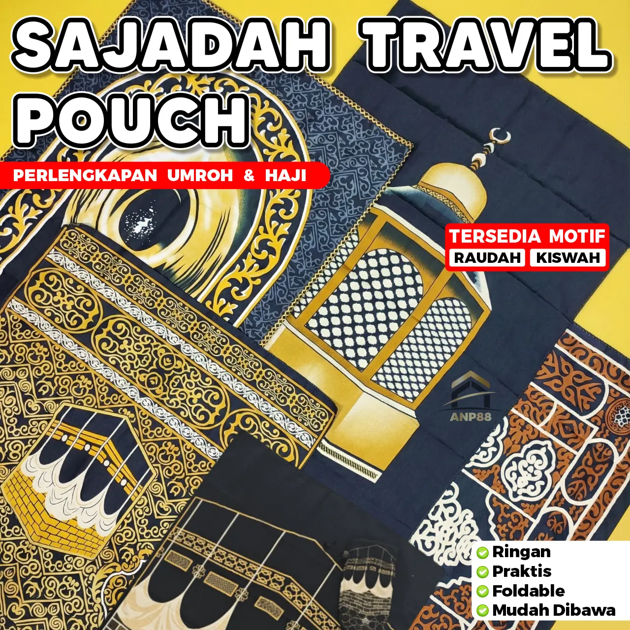 ANP88 - Sajadah Travel Pouch Perlengkapan Umroh & Haji Motif Raudah Dan Kiswah Bahan Kain Satin Ringan Praktis Foldable Ukuran 50 cm x 101 cm