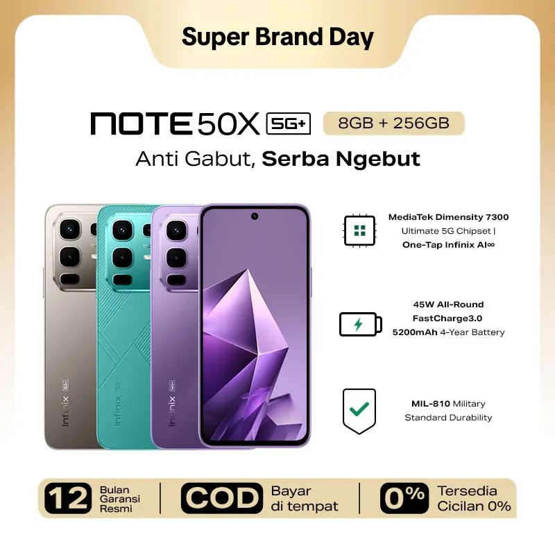 Infinix Note 50X 5G+ 8/256GB - Up to 16GB Extended RAM - Dimensity 7300 Ultimate - 6.67” HD+ - 50MP OIS - 5200 mAh - NFC