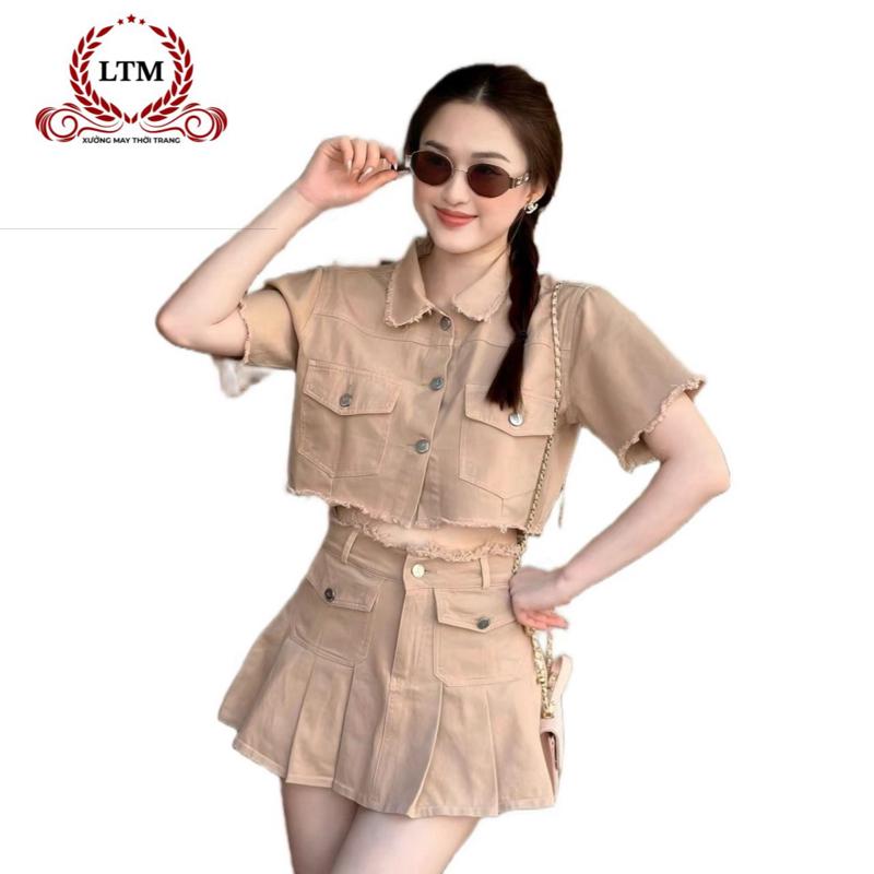 Set đồ nữ kaki croptop kèm chân váy xếp ly túi hộp tua lai - Xưởng May Long Ty Áo Kem Women