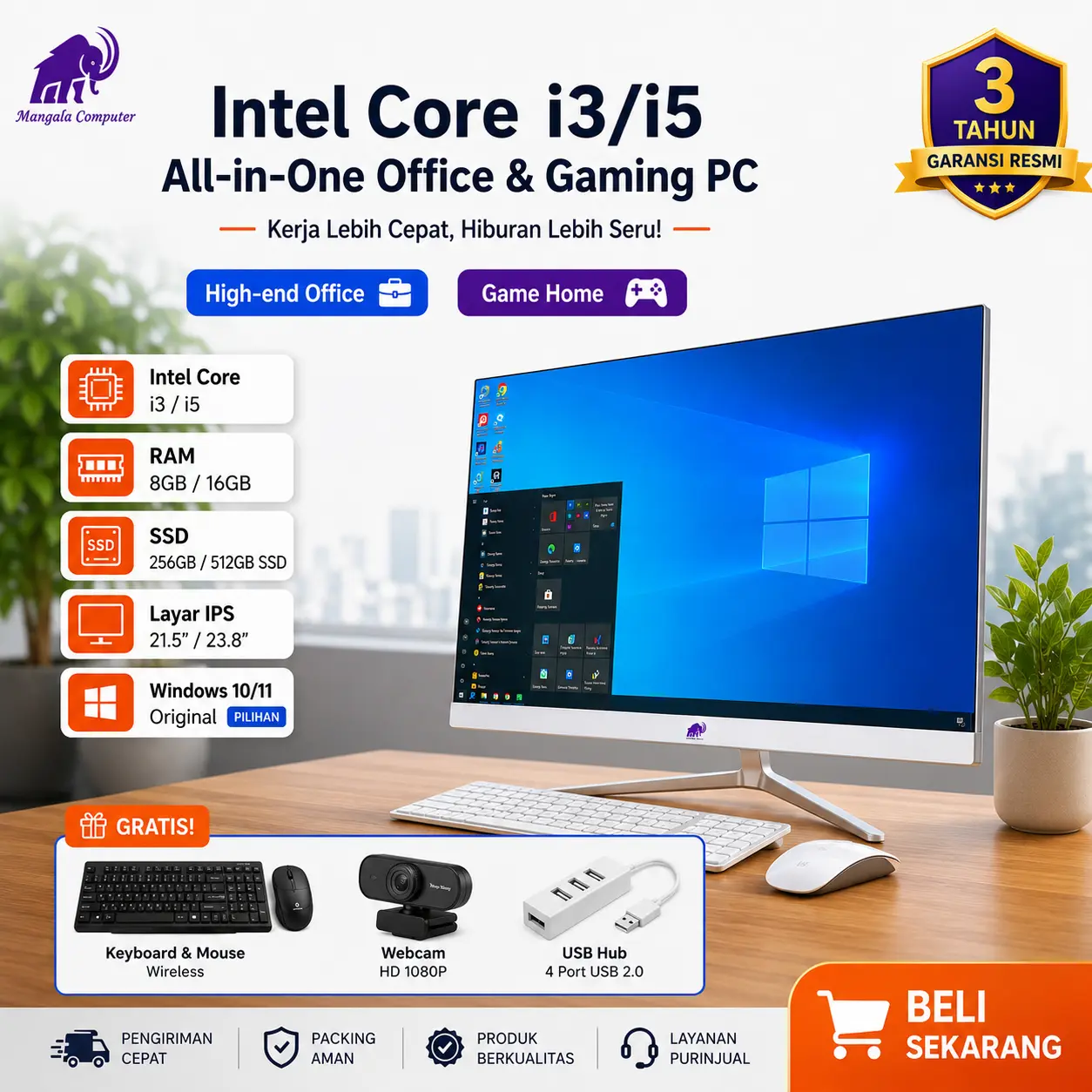 MA Komputer Full PC All-in-One Baru Terbaru HD Super Tipis Intel Core i3/i5/i7 Untuk Rumah, Belajar, Kantor, Gaming dan Hiburan - 19/22/24/27 Inch Curve Gratis Keyboard dan Mouse! . Kemasan karton dan busa Rak Kayu Inklusif.Garansi 1 Tahun Kabel Putih