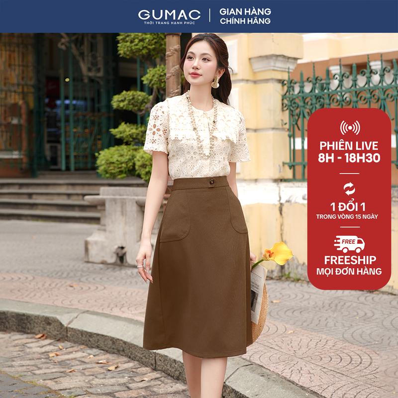 Chân váy nữ dáng dài form chữ A có túi đắp và nút trang trí vải tuyết mưa dày dặn GUMAC LVE1202