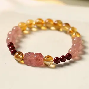 【Promo Akhir Tahun + Diskon Gila-gilaan】 Gelang Kristal Murni 100% Wanita Pi Xiu Kuning Kristal Stroberi Pembuka Rezeki Pembawa Hoki Pelancar Kekayaan