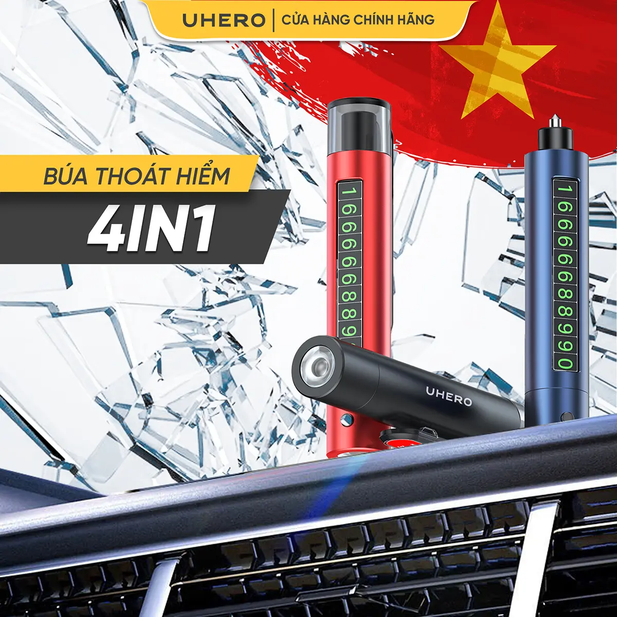 [TẶNG 5 KHĂN] UHERO Dụng Cụ Thoát Hiểm Ô Tô 4 Trong 1 BTH01 Kiêm Bảng Số Điện Thoại, Đèn Chiếu Sáng, Đa Chức Năng - Nhỏ Gọn Mang Theo