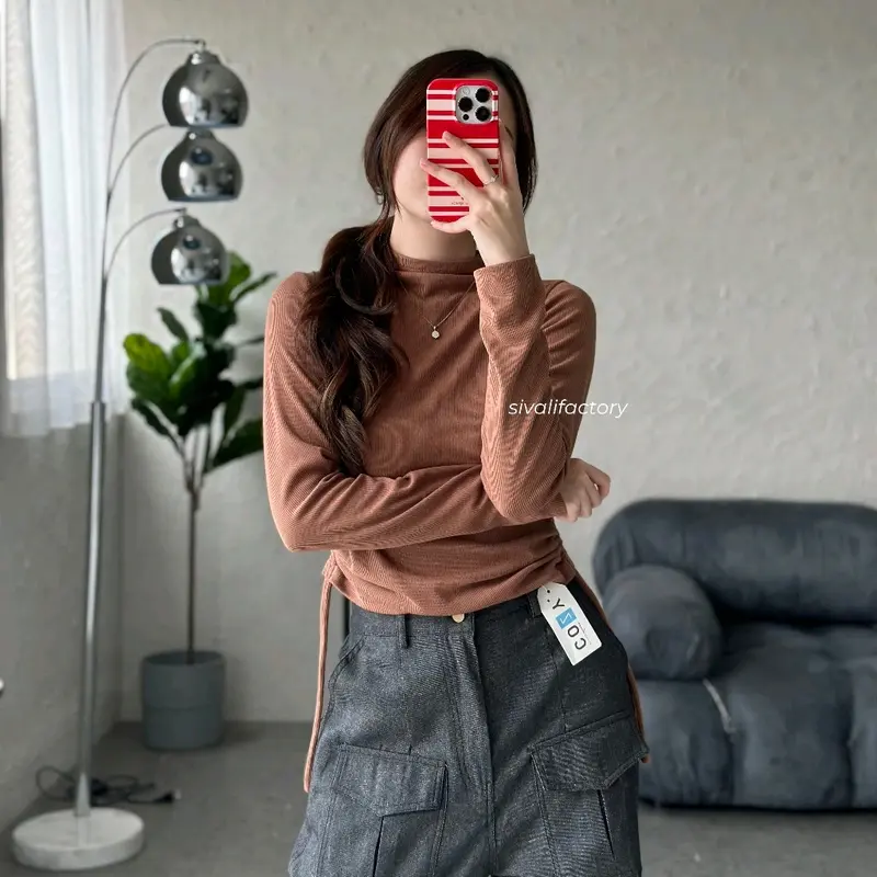 Nicole Top- Atasan Knit Wanita Lengan Panjang Inner Rajut Turtleneck Korea - Crop Top Tali Serut 3
