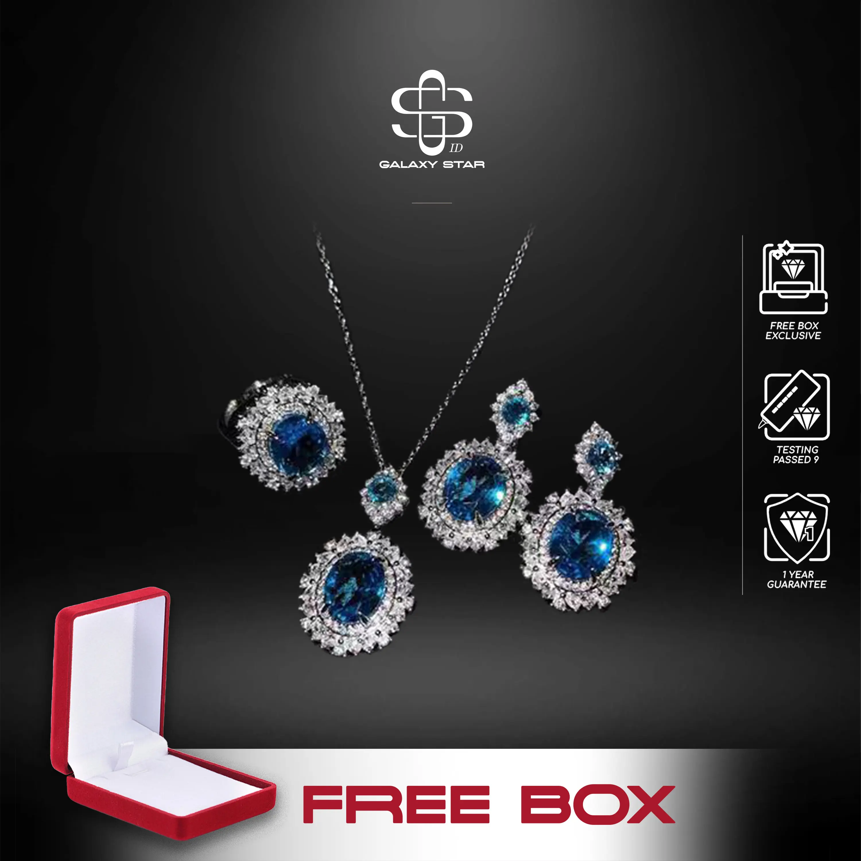 ((Free Box)) Korean Trendy Blue Zircon Sparkle Set – ( Cincin, Anting & Kalung ) Wanita Korea Zircon Cristal || Korean Style Kekinian AAKB0004