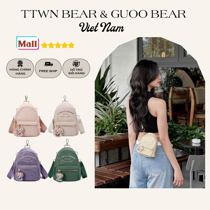 Balo MIni Đeo Chéo Dây Rời Kèm Charm Da Mặt Gấu TTWN BEAR Chính Hãng TN-3785 Bag Kem