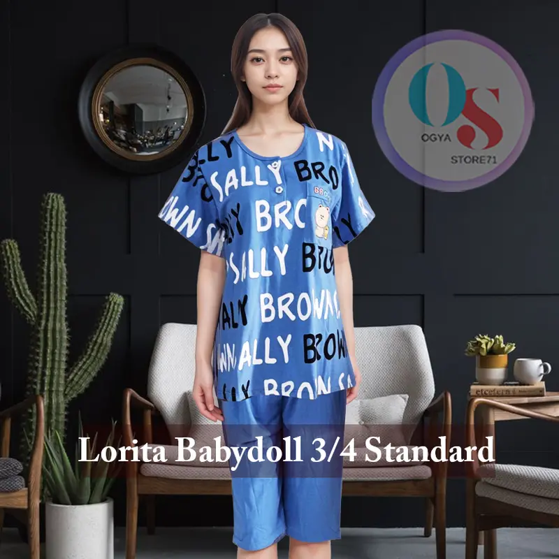 Babydoll -  Baju Tidur Lorita Piyama 3/4 Ukuran Standard Lengan Pendek - Piyama Setelan Wanita Celana Pendek Satin Panjang Katun baju tidur  merk 2
