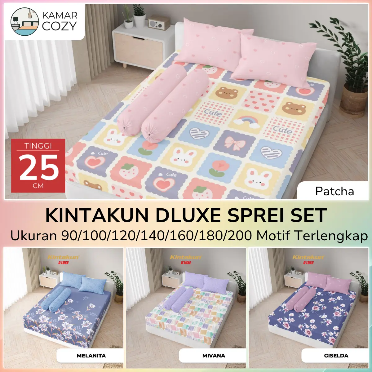 KINTAKUN DLUXE Sprei Fitted Tinggi 25 cm Ukuran 100 / 120 / 140 / 160 / 180  x 200 cm Motif Aesthetic
